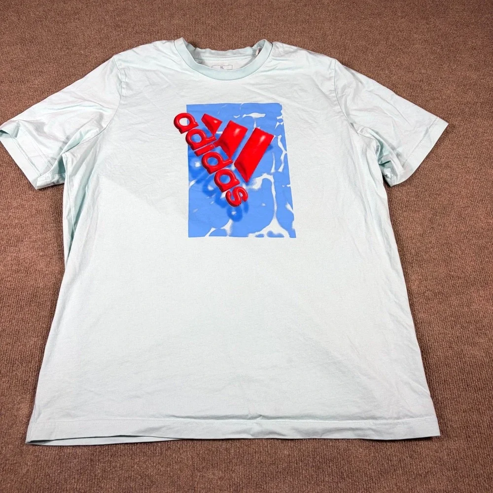 Adidas T-Shirt Mens XL Light Blue Spellout Graphic Classic Casual Wear Crew Neck